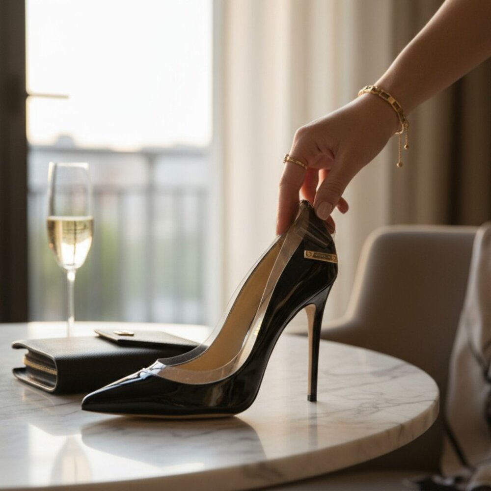 Ballin Classic Black Patent Leather PVC Bow Detail Designer High Heel Pumps 8.5